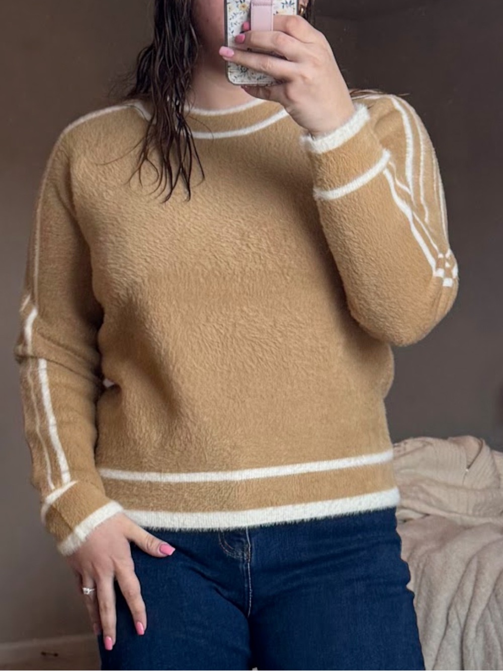 Karen Kane Camel Crewneck Sweater with Cream Trim
